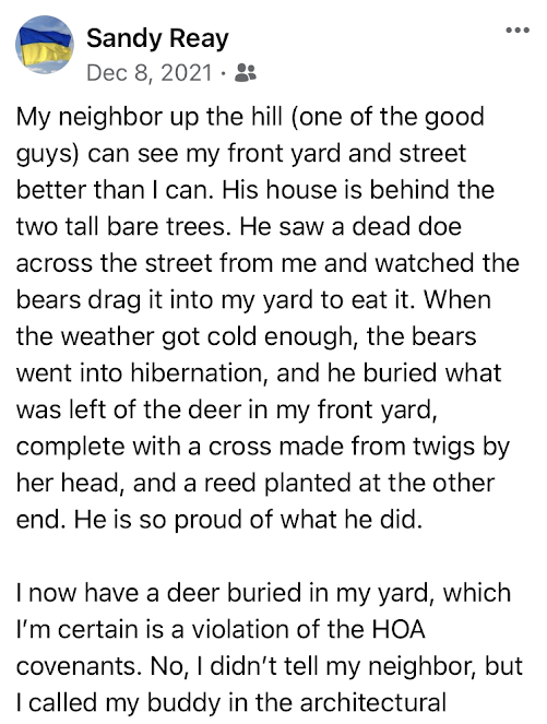 Facebook post: My neighbor up the hill (one of the good guys) can see my front yard and street better than I can. His house is behind the two bare trees. He saw a dead doe across the street from me and watched the bears drag it into my yard to eat it. When the weather got cold enough, the bears went into hibernatioin, and he buried what was left of the deer in my front yard, complete with a cross made from twigs by her head, and a reed planted at the other end. He is so proud of what he did. I now have a deer buries in my yard, which I'm certain is a violation of the HOA covenants. No, I didn't tell my neighbor, but I called my buddy in the architectural